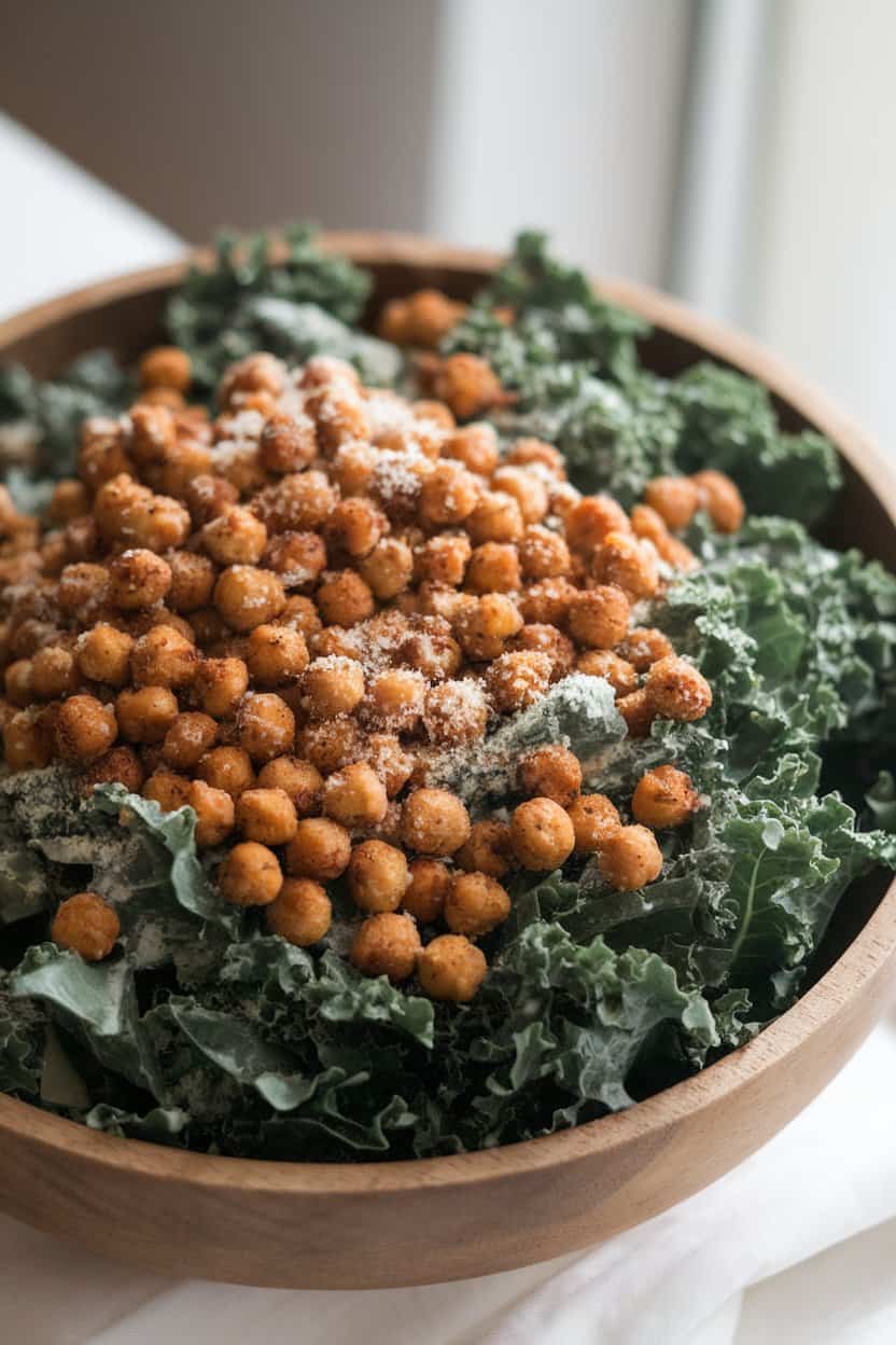 Photo of a softly lit indoor setting showing a wooden salad bowl brimming with dark green kale ribbons, dusted with grated Parmesan, scattered with crunchy roasted chickpeas, and drizzled with creamy Caesar dressing. No text or logos present.