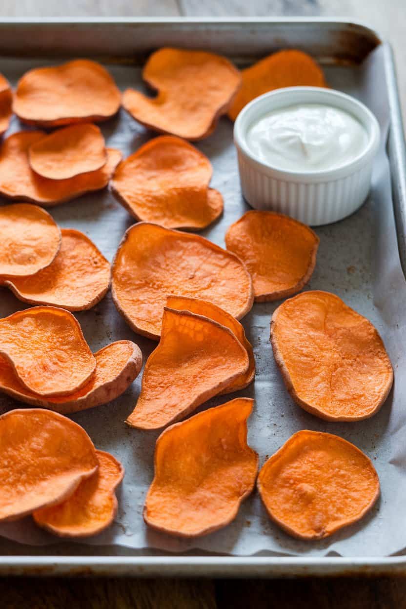 Indoor photo of a baking tray holding thin, crisp, orange sweet potato chips, a small ramekin of yogurt dip nearby; no text or logos present.