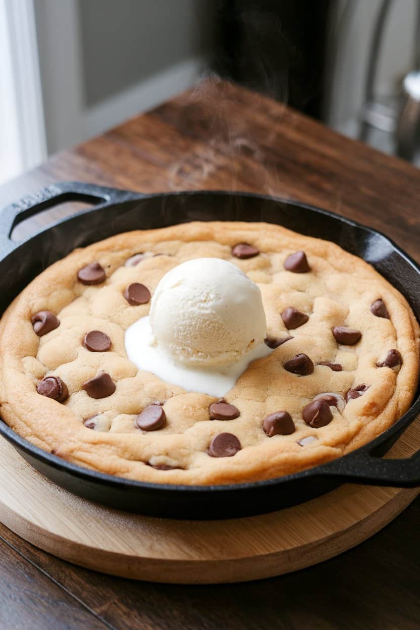 An indoor dining table featuring a cast-iron skillet filled with a giant golden chocolate chip cookie, a scoop of vanilla ice cream melting in the center. Steam rises slightly; no text or logos present; photographed, not illustrated.
