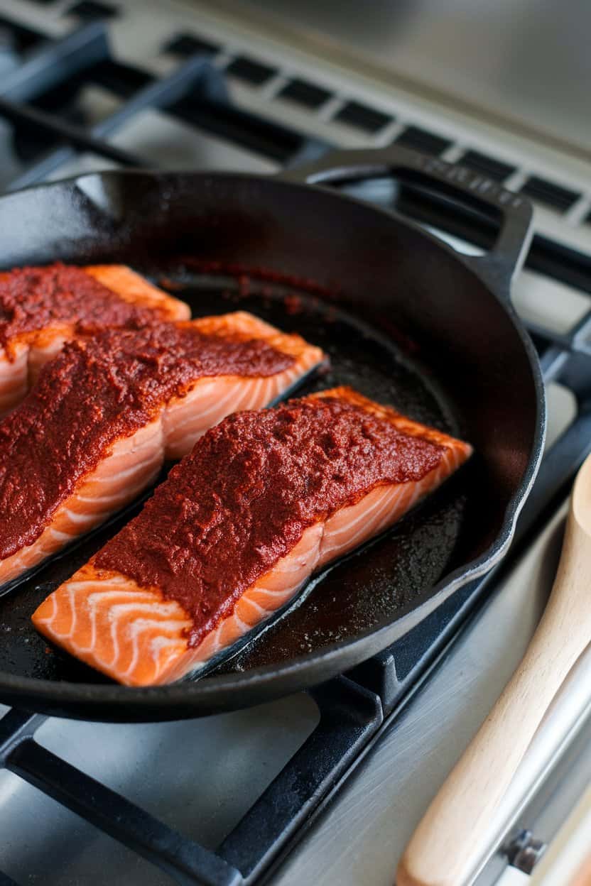 Photo of a cast-iron skillet on an indoor stovetop containing salmon fillets brushed with deep red harissa paste, charred edges visible. No text or logos.