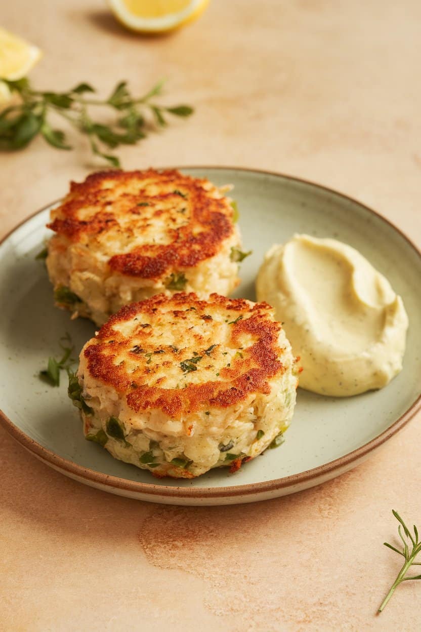 Indoor photo of two golden crab cakes on a small plate, dollops of pale lemon aioli on the side, no text or logos