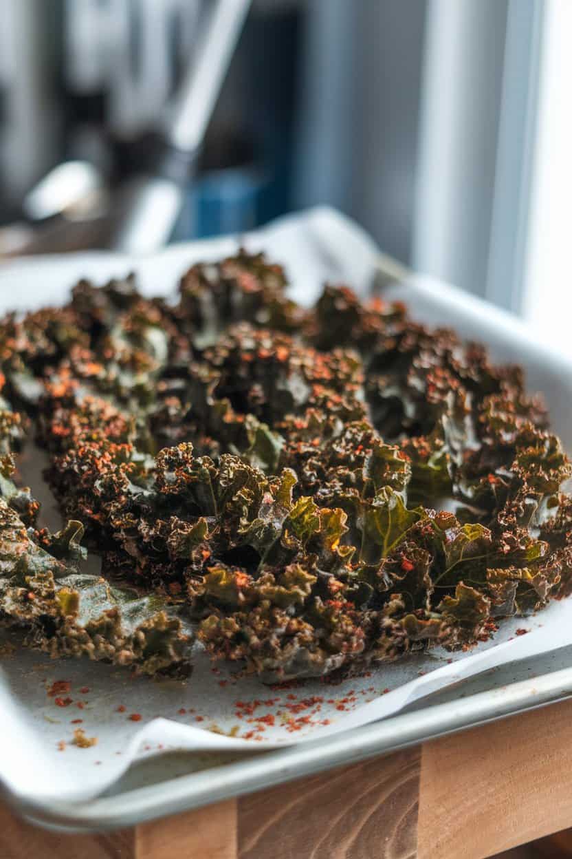 Indoor photo of a baking sheet covered in crisp, dark-green kale chips dusted with red pepper flakes; no text or logos visible.