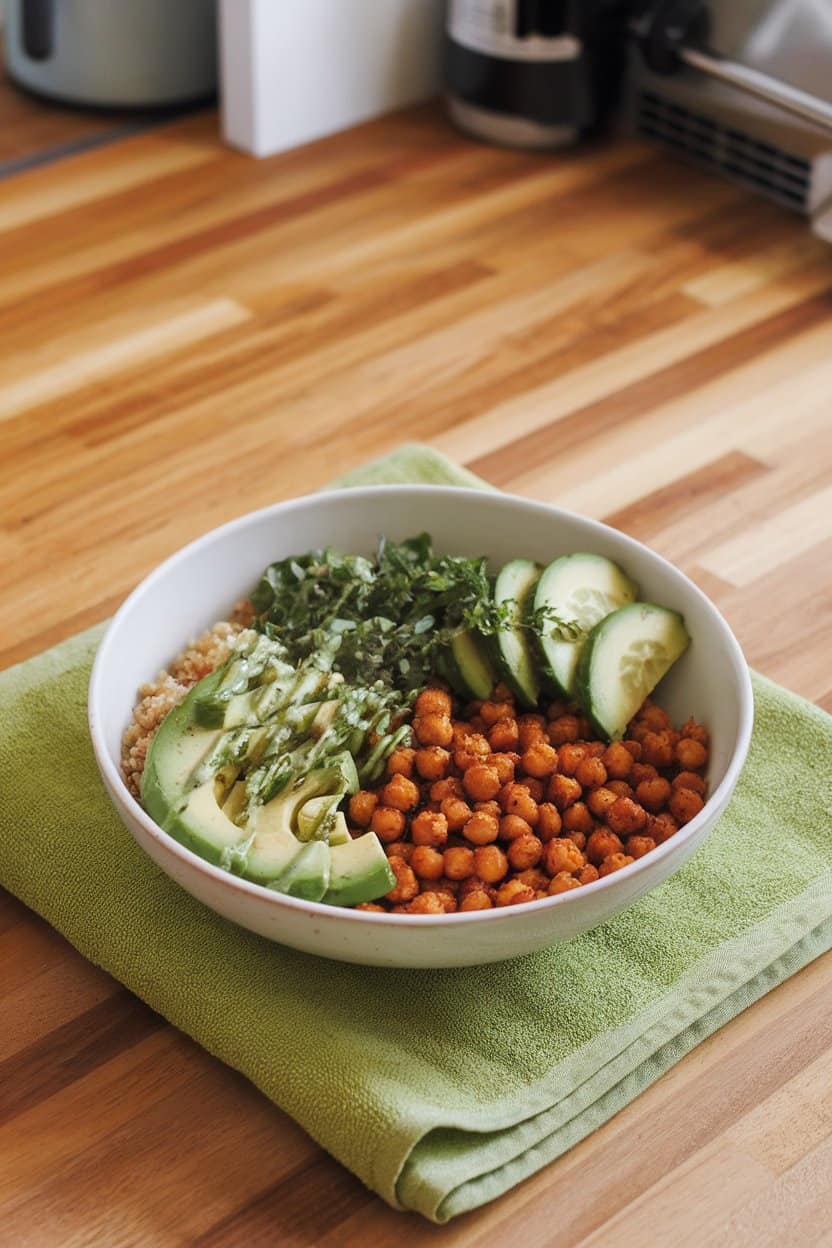 An indoor kitchen counter showing a bowl filled with roasted chickpeas, quinoa, avocado slices, cucumber ribbons, and a drizzle of green herb dressing. No logos or text anywhere.