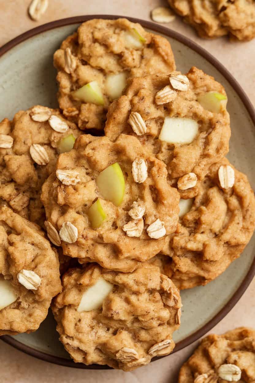 Indoor photo of chunky vegan cookies dotted with apple pieces and oats on a plate, no text or logos