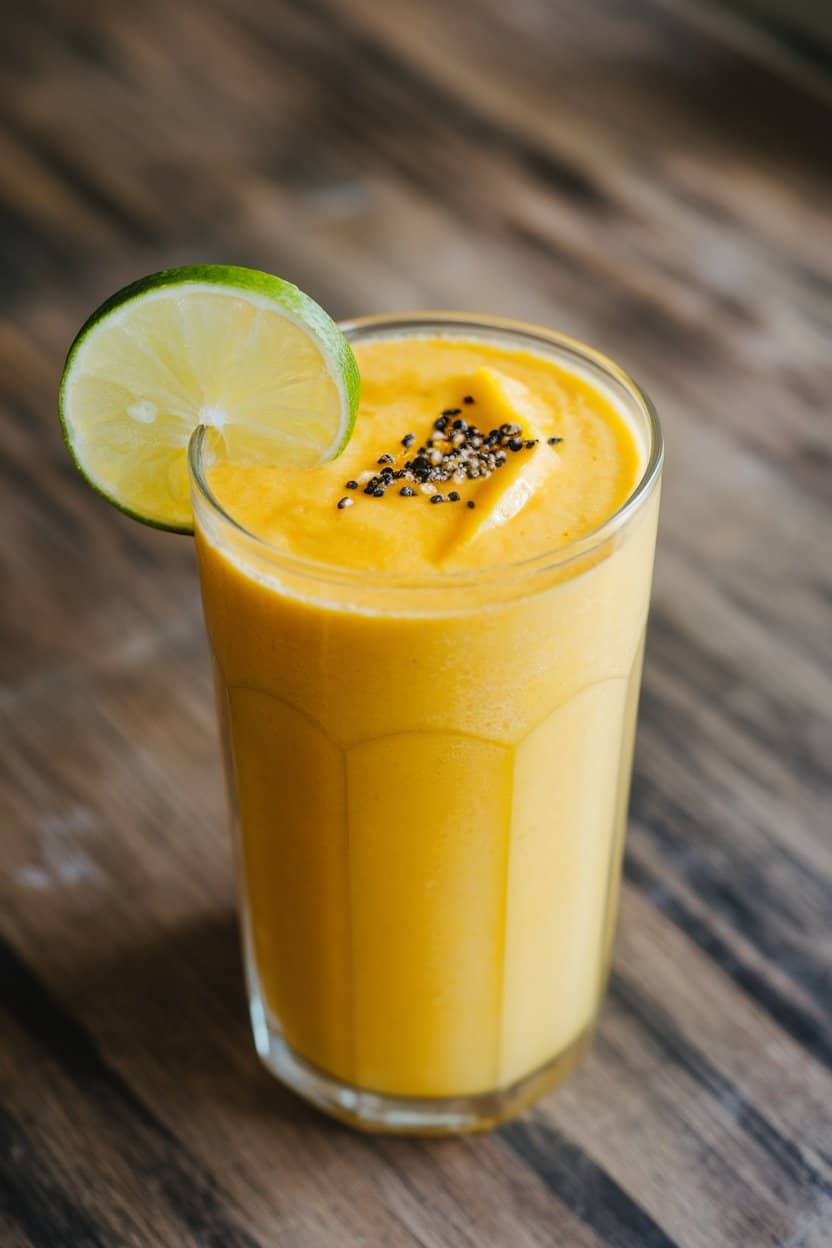 Indoor photo of a tall glass of bright yellow mango smoothie with a slice of lime on rim, no text or logos