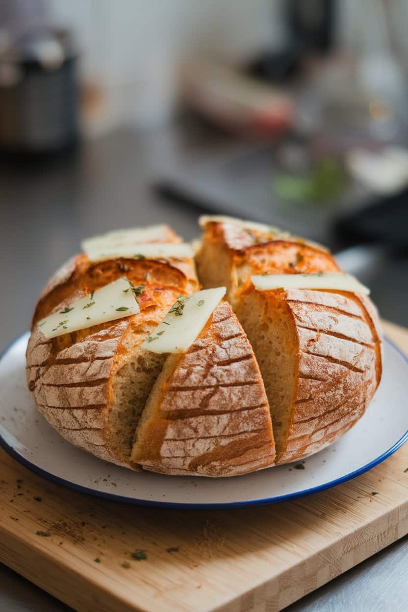 An indoor cutting board holding a round loaf sliced in a crosshatch pattern, cheese and herbs melting between the pieces. No text or logos present.
