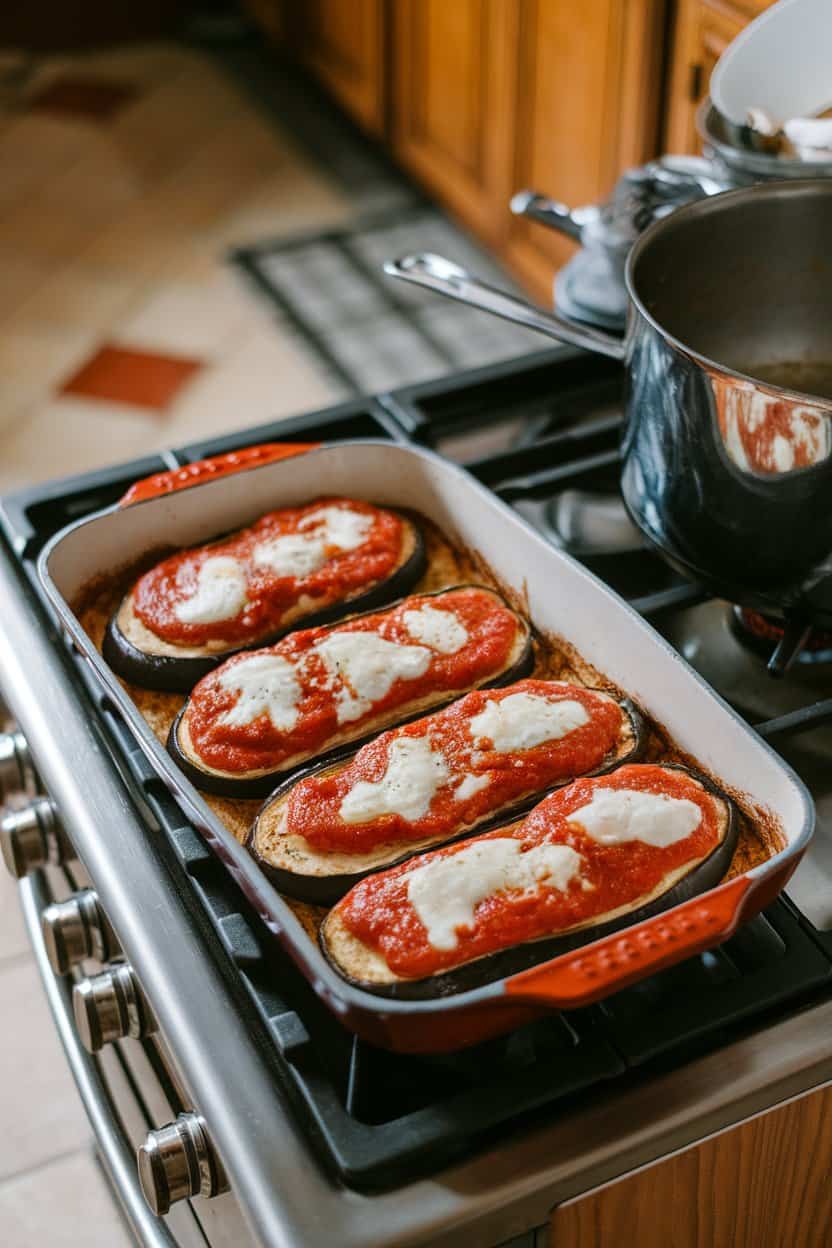 Photo of a baking dish containing layered, baked eggplant rounds topped with marinara and a modest sprinkle of melted mozzarella, placed on an indoor stovetop. No text or logos.