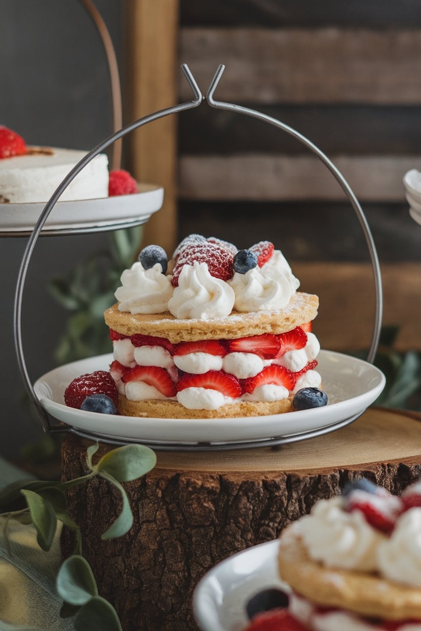 An indoor dessert stand holding layered strawberry shortcake biscuits topped with dollops of coconut whipped cream and fresh berries. No text or logos visible.