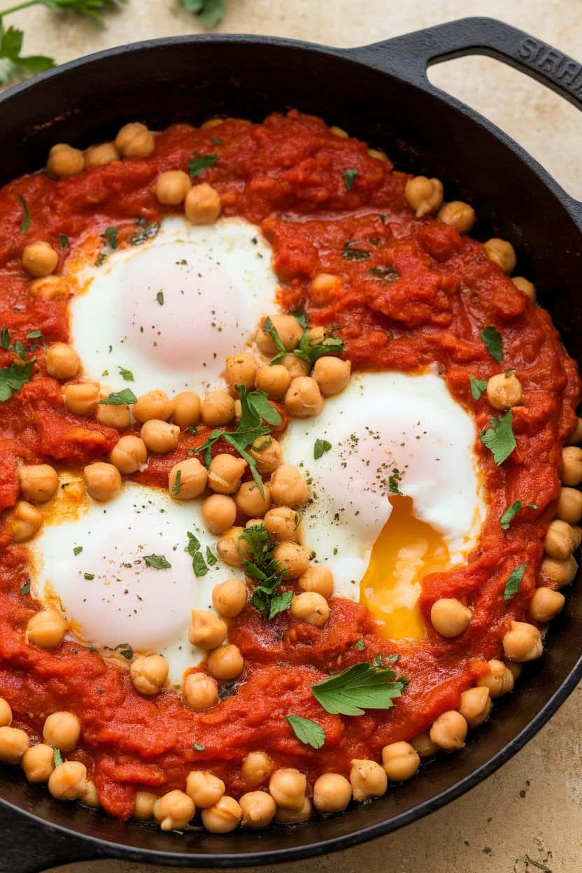 Indoor photo of a cast-iron skillet with tomato sauce, chickpeas, and poached eggs, sprinkled with parsley; no text or logos