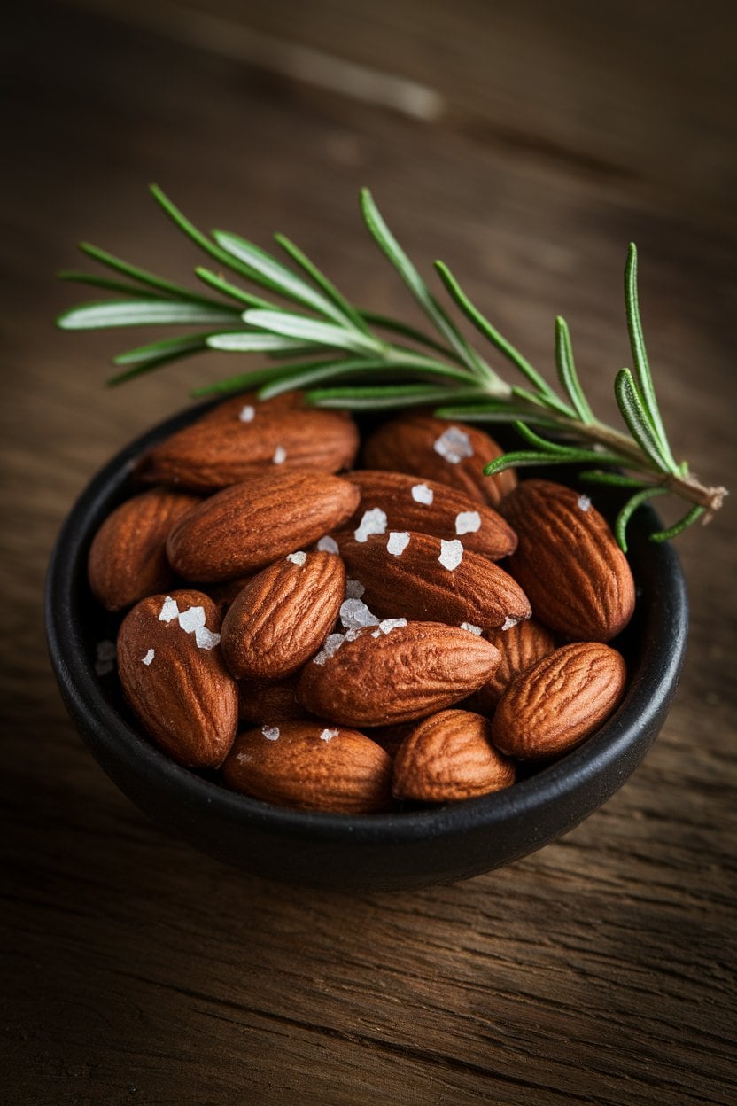Indoor photo of plump Marcona almonds sprinkled with sea salt and fresh rosemary needles in a small black bowl; subdued lighting, no text or logos.