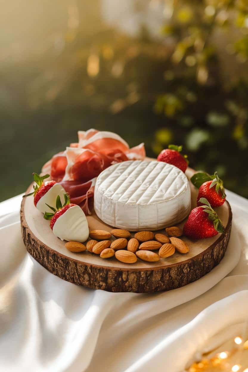 Indoor photo of an elegant board featuring triple-cream brie, prosciutto, strawberries dipped in white chocolate, and blanched almonds; soft golden lighting, no text or logos