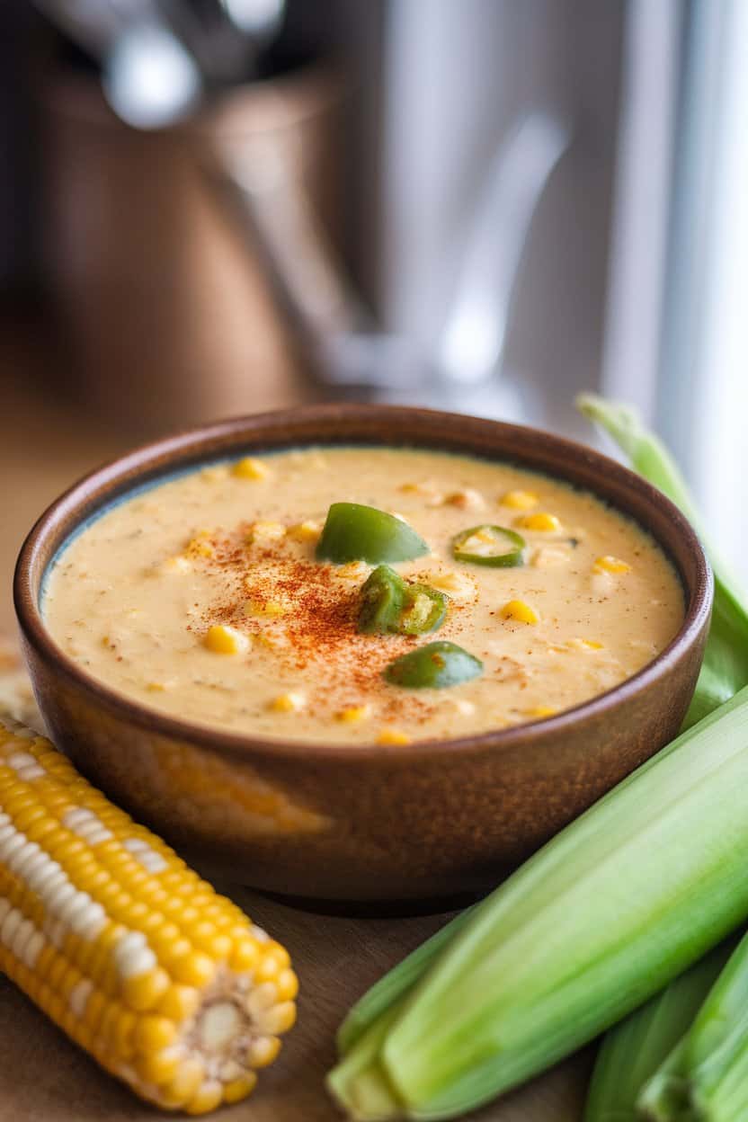 Indoor bowl of creamy corn chowder flecked with green poblano pieces, sprinkle of paprika on top, no text or logos.