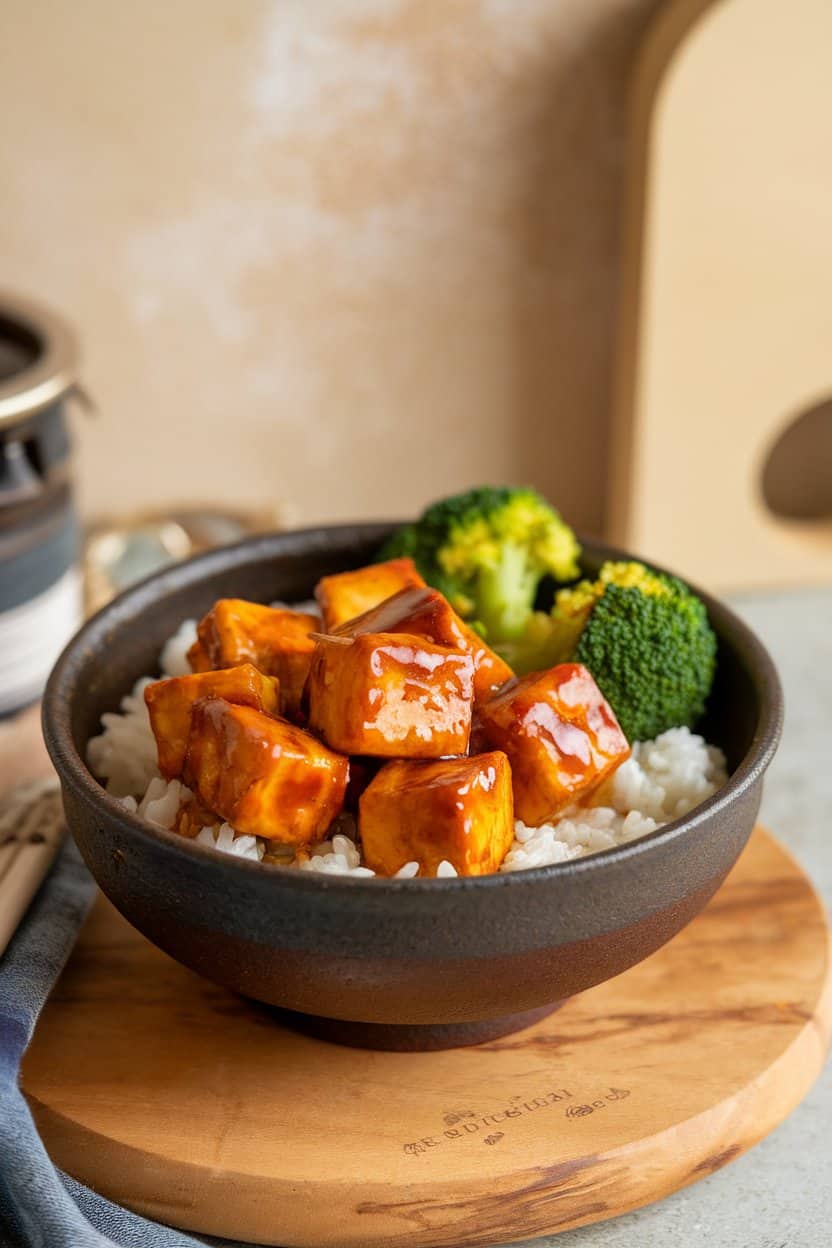 Photo of an indoor ceramic bowl featuring glazed teriyaki tofu cubes over white rice with steamed broccoli florets. No text or logos present.
