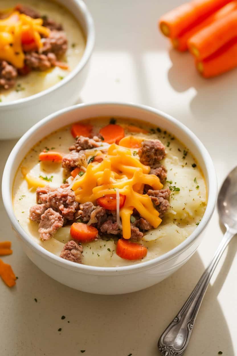 A brightly lit indoor soup bowl filled with creamy potato-based soup dotted with ground beef, carrots, and melted cheddar, a spoon resting nearby. No text or logos.