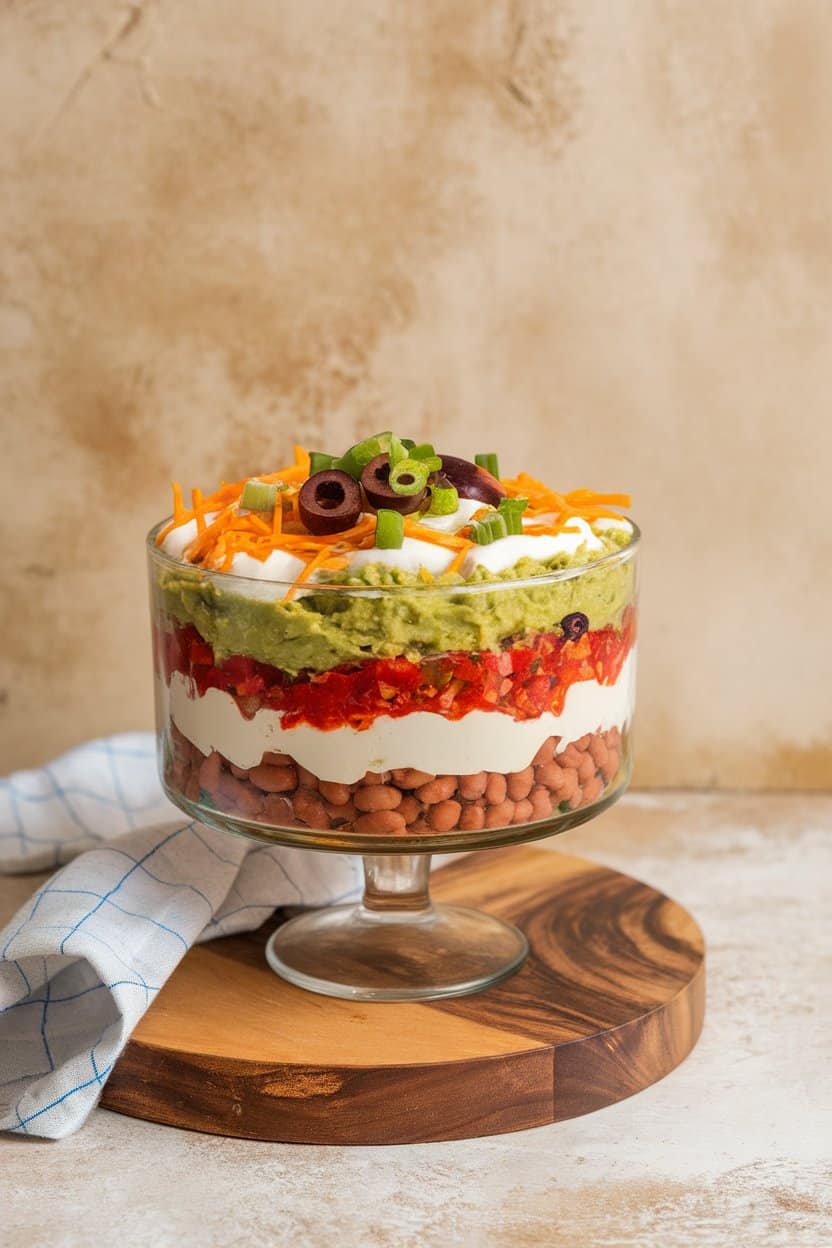 Glass trifle bowl indoors showing colorful layers of refried beans, guacamole, sour cream, salsa, cheese, olives, and scallions from a side angle, no text or logos.