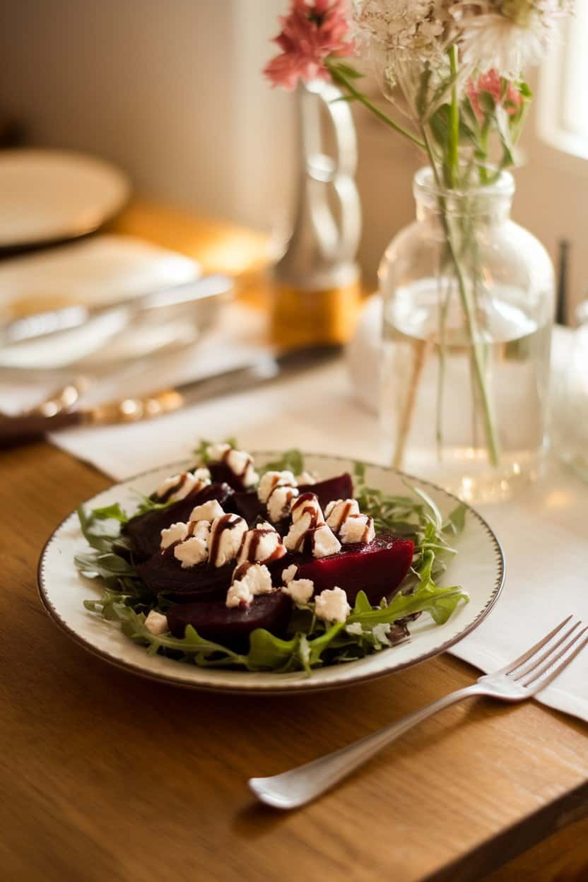 A warmly lit indoor tabletop featuring a salad plate with roasted beet wedges, crumbled goat cheese, arugula leaves, and a drizzle of balsamic reduction. No text or logos; photo, not illustration.