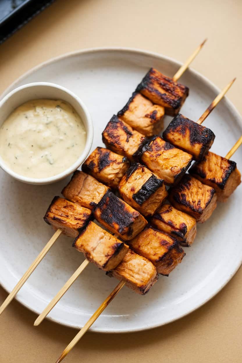 Indoor photo of wooden skewers threaded with grilled tempeh chunks, served with a small bowl of creamy coconut-lime sauce. No text or logos.