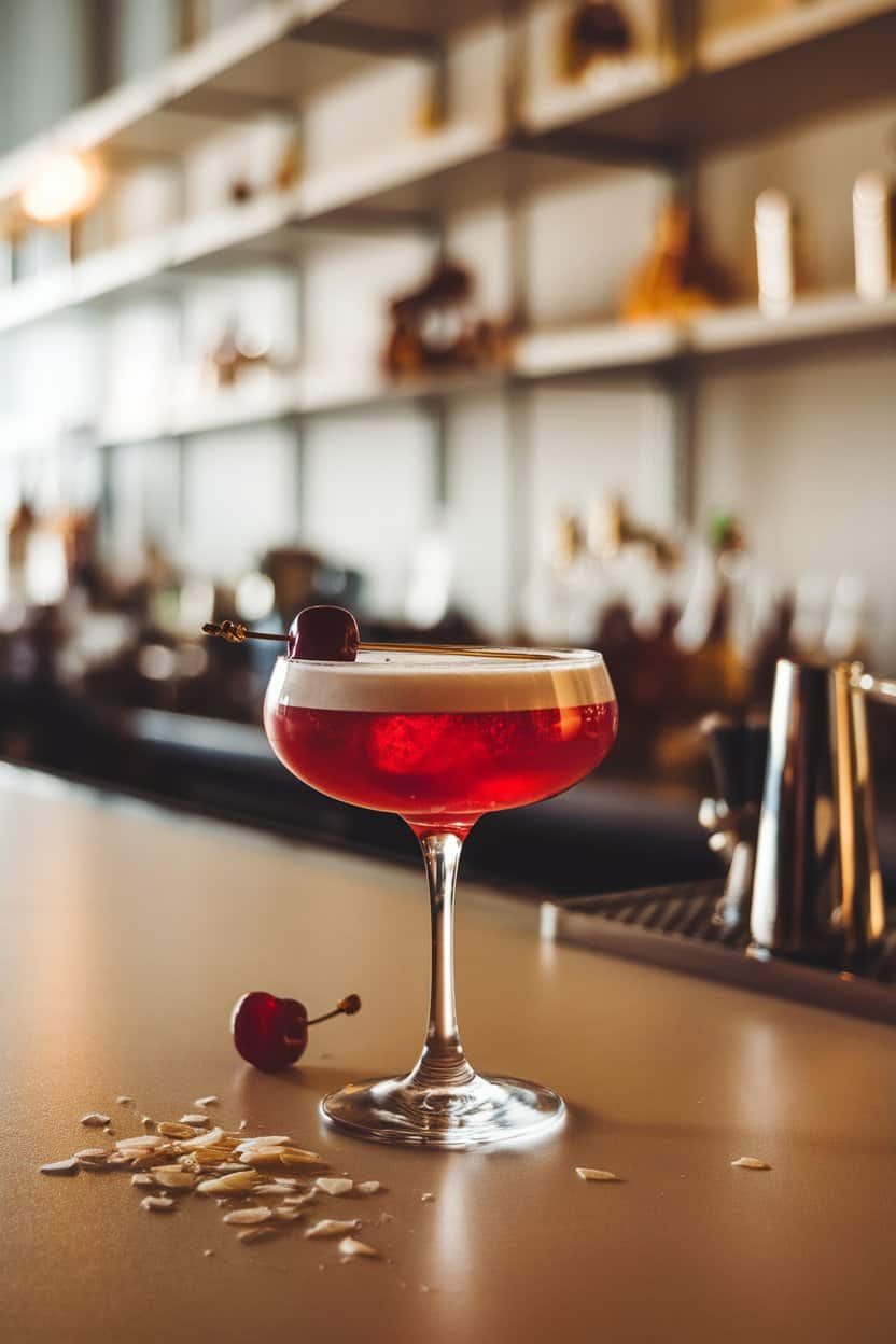 Photo of an indoor bar with a coupe glass holding frothy crimson drink, single cherry on a pick, almond flakes sprinkled nearby on bar; warm lighting; no text or logos