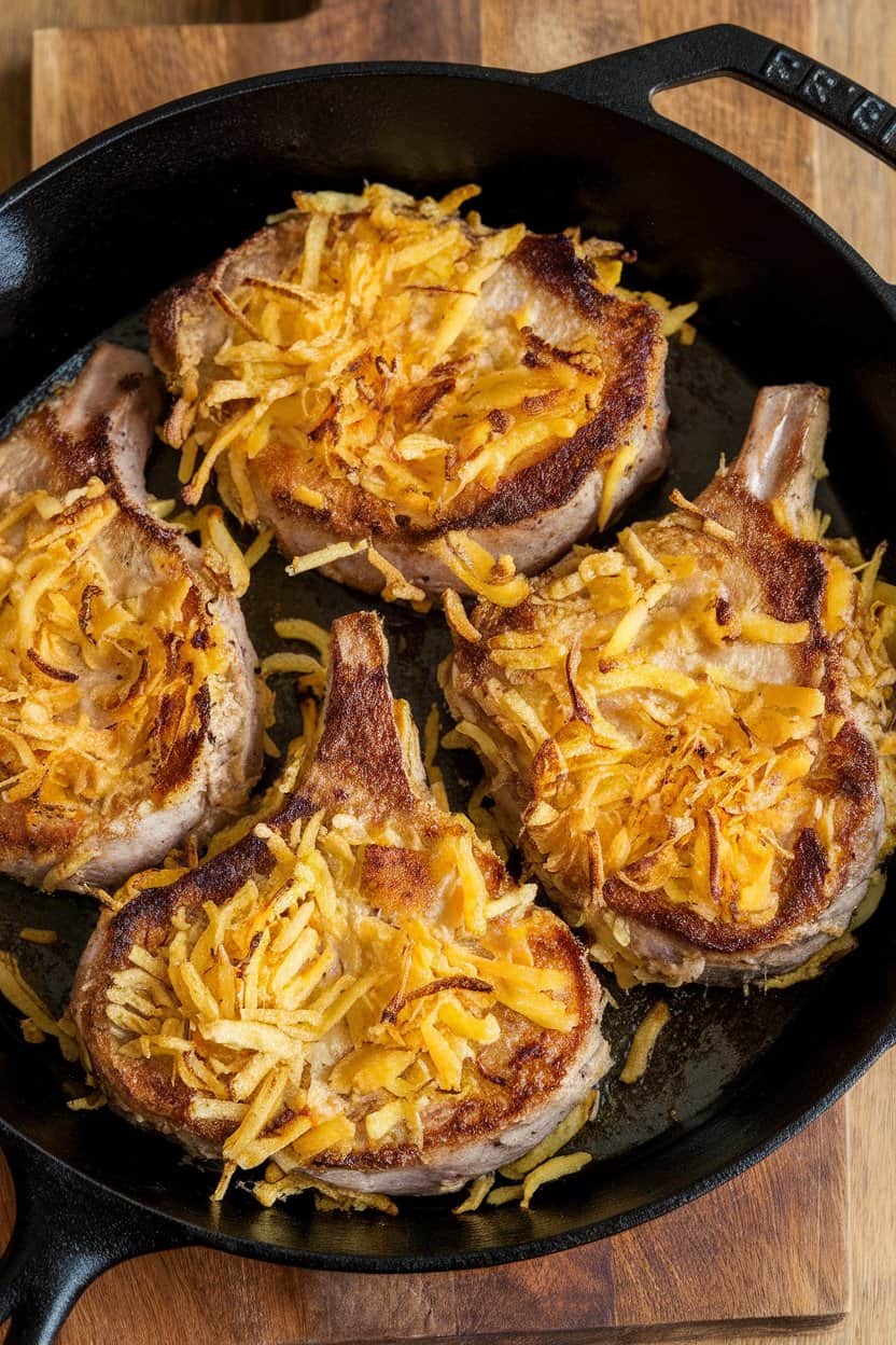 An indoor cast-iron skillet holding pork chops coated in shredded potato crust, browned to a crisp, no logos or text. Photo, not illustration.