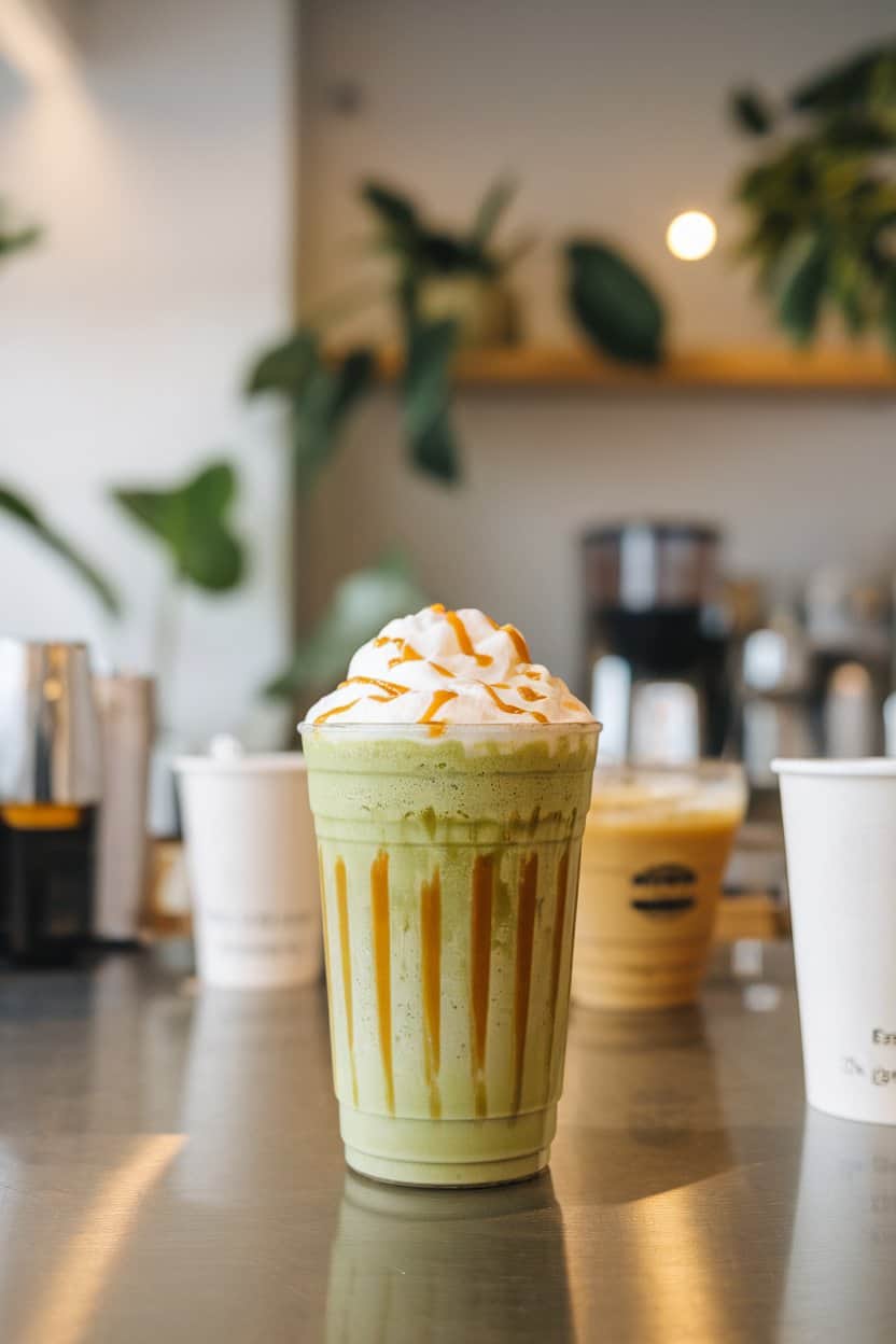 Indoor coffee bar with a frosted glass of blended matcha frappe, caramel drizzle inside cup walls, dome of whipped cream on top, no text or logos. Photo