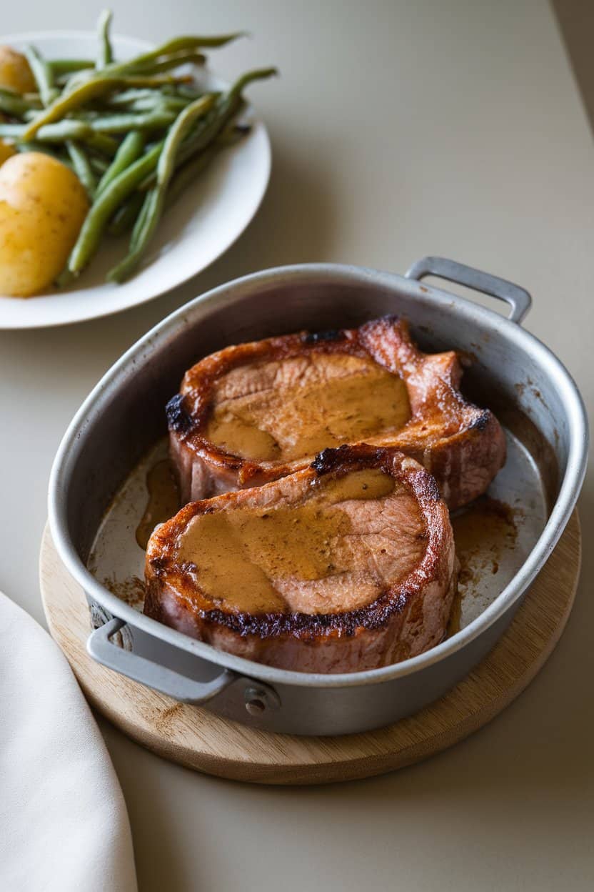An indoor dinner table with a small roasting dish holding thick pork chops brushed with a shiny maple-mustard glaze, bits of char along the edges. No text or logos. Photo, not illustration.