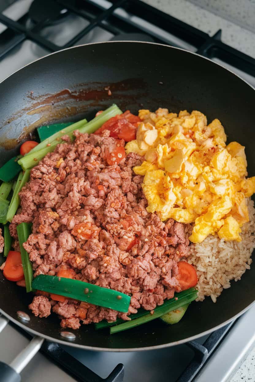 Indoor stovetop view of a wok filled with ground turkey, mixed vegetables, scrambled egg bits, and brown rice, soy sauce sheen visible. No text or logos.