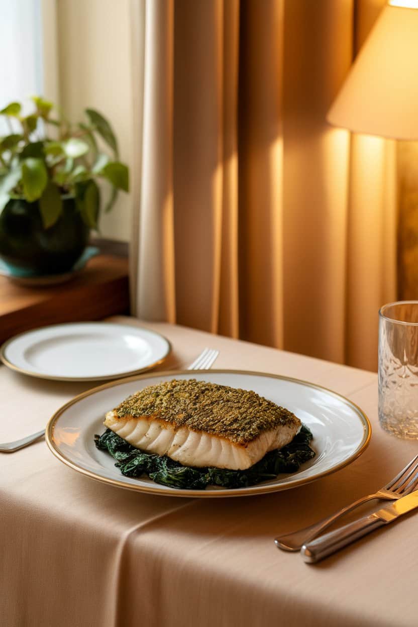 A warmly lit indoor dining plate of cooked sea bass fillet with a green herb crust, resting on a bed of sautéed spinach. No text or logos; photo only.