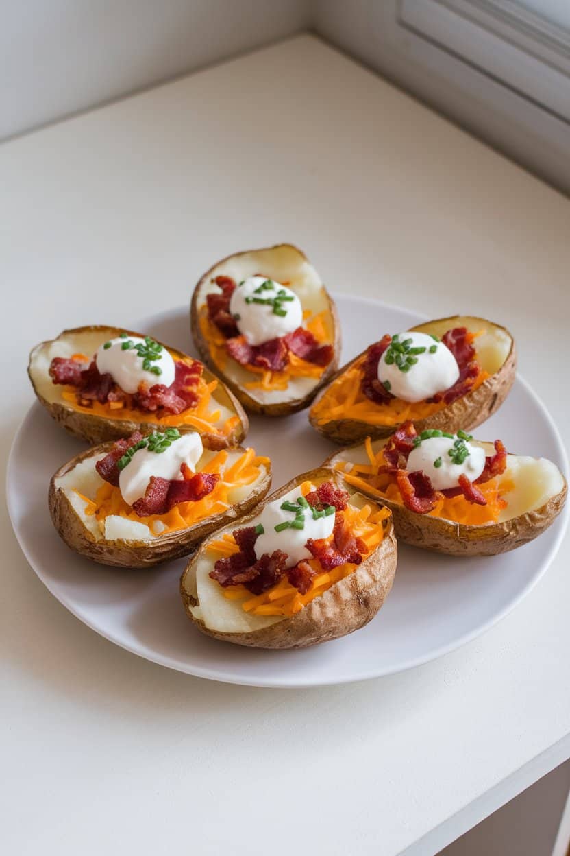 A white plate indoors featuring crisp potato skins filled with melted cheddar, bacon bits, and a dollop of sour cream topped with chopped chives. No text or logos in scene.