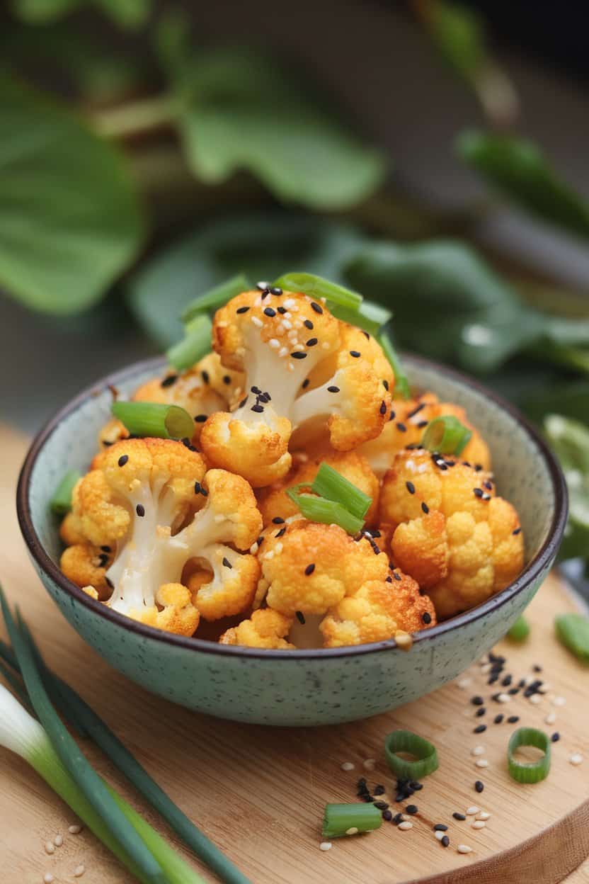 An indoor bowl of glazed cauliflower florets sprinkled with sesame seeds and scallions, no text or logos.