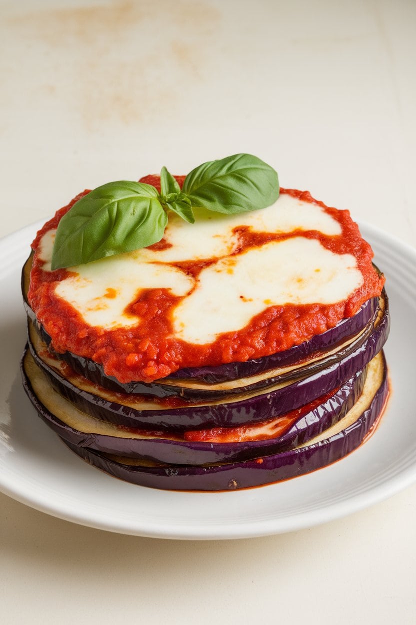 Indoor plate showing layered roasted eggplant rounds with marinara and melted dairy-free mozzarella, basil leaf garnish, no text or logos.