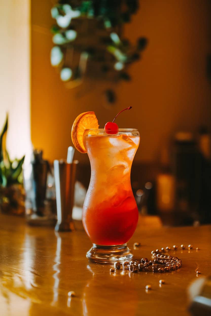 A warmly lit indoor bar counter with a curvy hurricane glass filled with red-orange cocktail, garnished with an orange slice and cherry; scattered metallic beads nearby; photo, no text or logos.