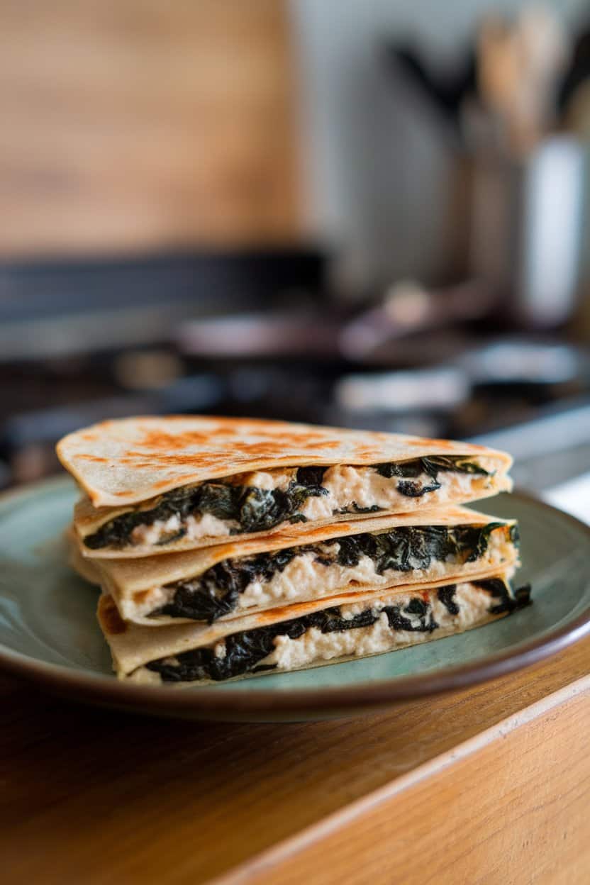 Photo taken indoors of a sliced quesadilla on a plate, showing wilted spinach and white bean mash between crisp tortillas. No text or logos visible.