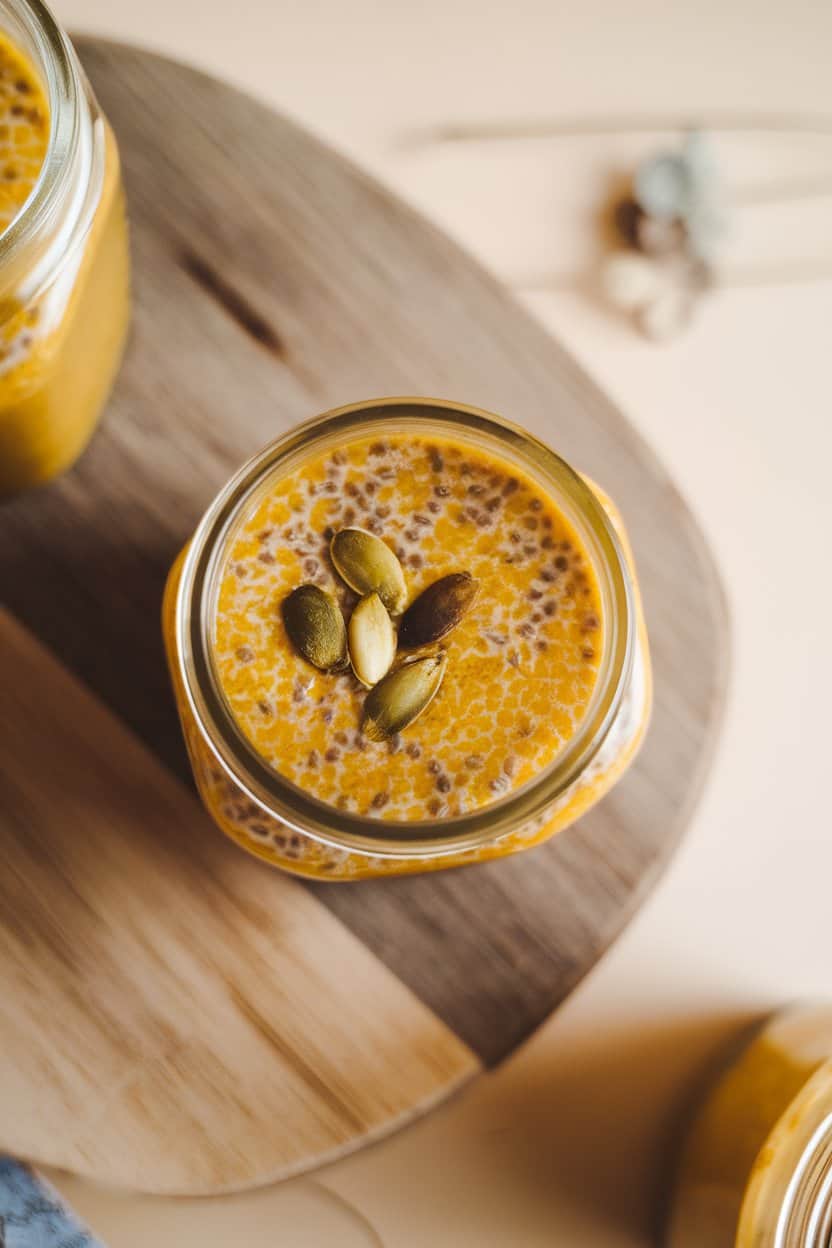 Indoor photo of a small glass jar of pumpkin chia pudding topped with a few pumpkin seeds; overhead view, no text or logos