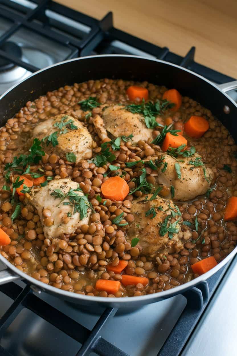 Indoor stovetop with a pot of hearty lentil stew dotted with chicken thigh pieces, carrots, and herbs. No text or logos, real photograph.