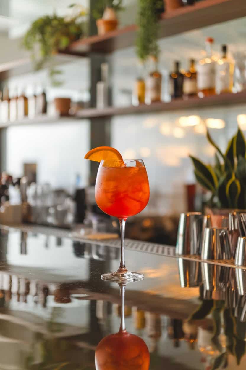 Photo of an indoor bar with a stemmed glass of vivid blood-orange mocktail, thin half-moon slice floating, subtle reflections on polished surface; no text or logos.