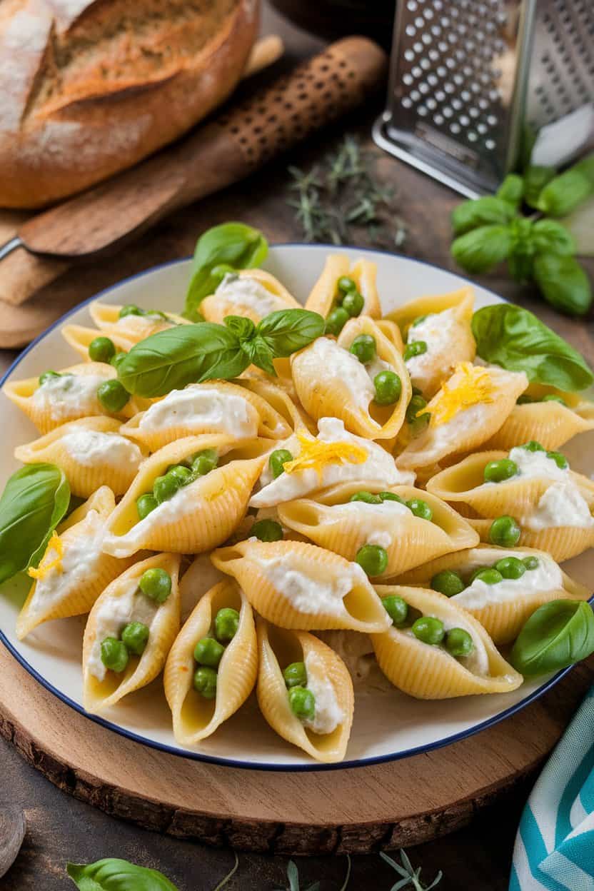 Indoor photo of a platter of pasta shells coated in creamy ricotta sauce studded with bright green peas and lemon zest. No text or logos visible.