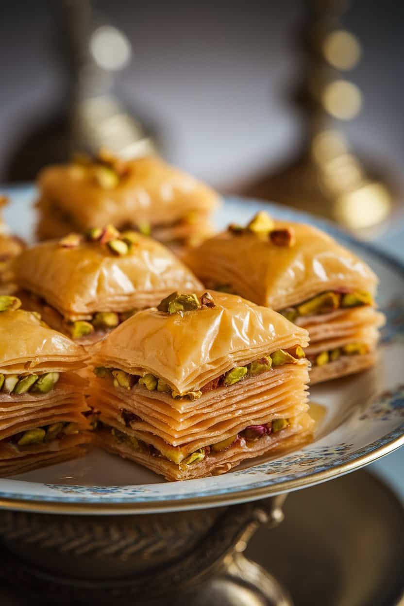 Indoor photo of mini baklava squares on a porcelain plate, layers of crisp phyllo visible with pistachio filling, light sheen of syrup glistening. Soft directional lighting, no text or logos.