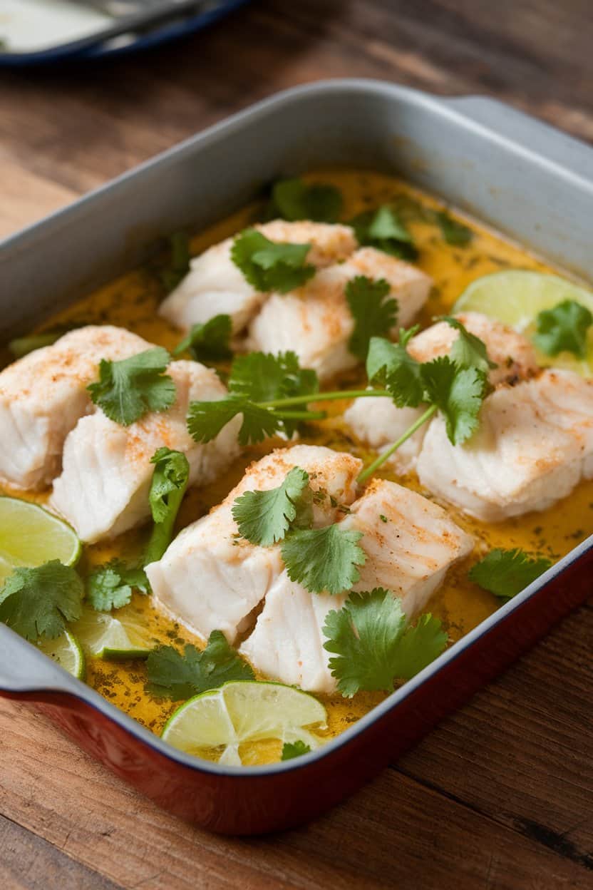 An indoor dining table with a shallow baking dish of cooked cod fillets resting in a coconut-lime sauce, garnished with cilantro. No logos, no raw fish visible.