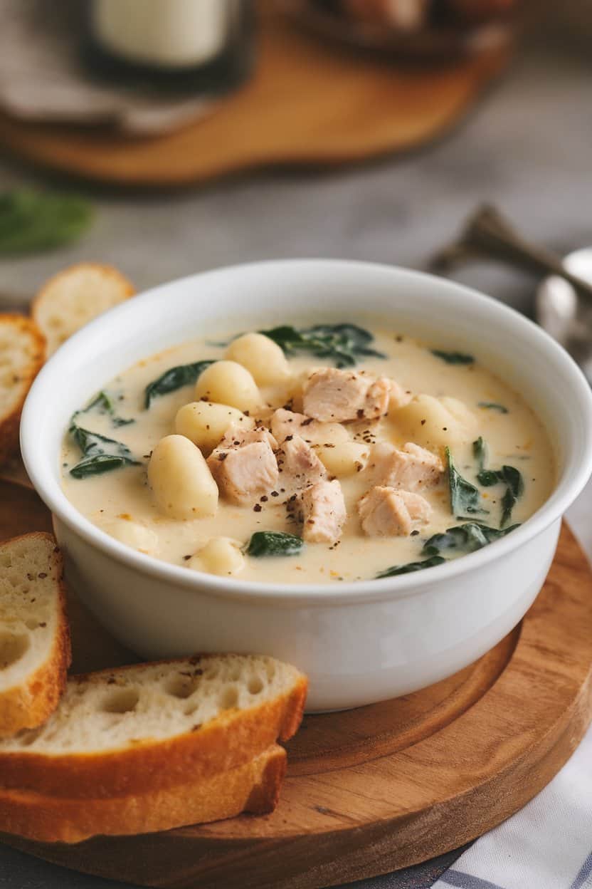 Indoor scene with a creamy bowl of chicken gnocchi soup containing fluffy gnocchi, spinach, and diced chicken; no text or logos.