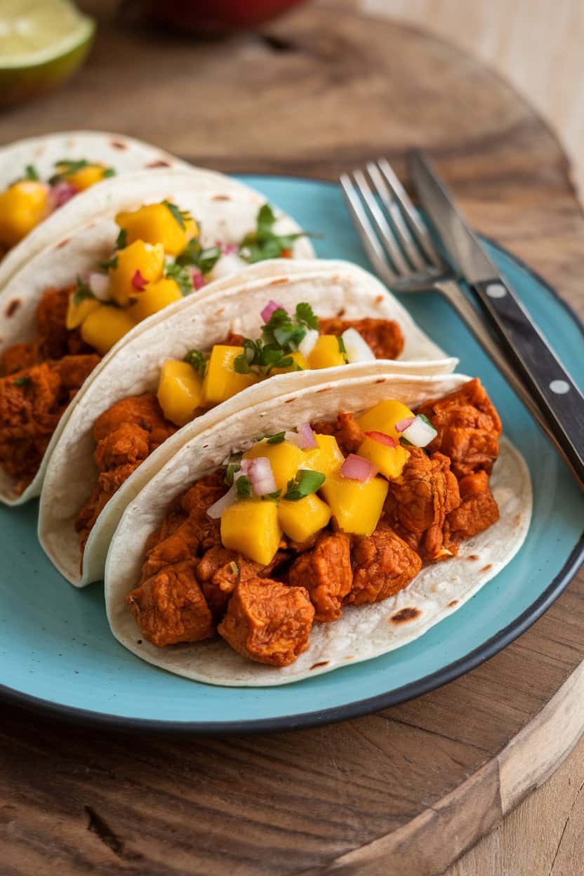 An indoor plate of three soft tortillas filled with spiced jackfruit, mango salsa on top, no text or logos.