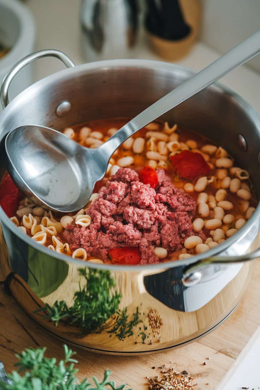 An indoor soup pot filled with small pasta, white beans, ground beef, and tomatoes, a ladle resting on the side. No text or logos.