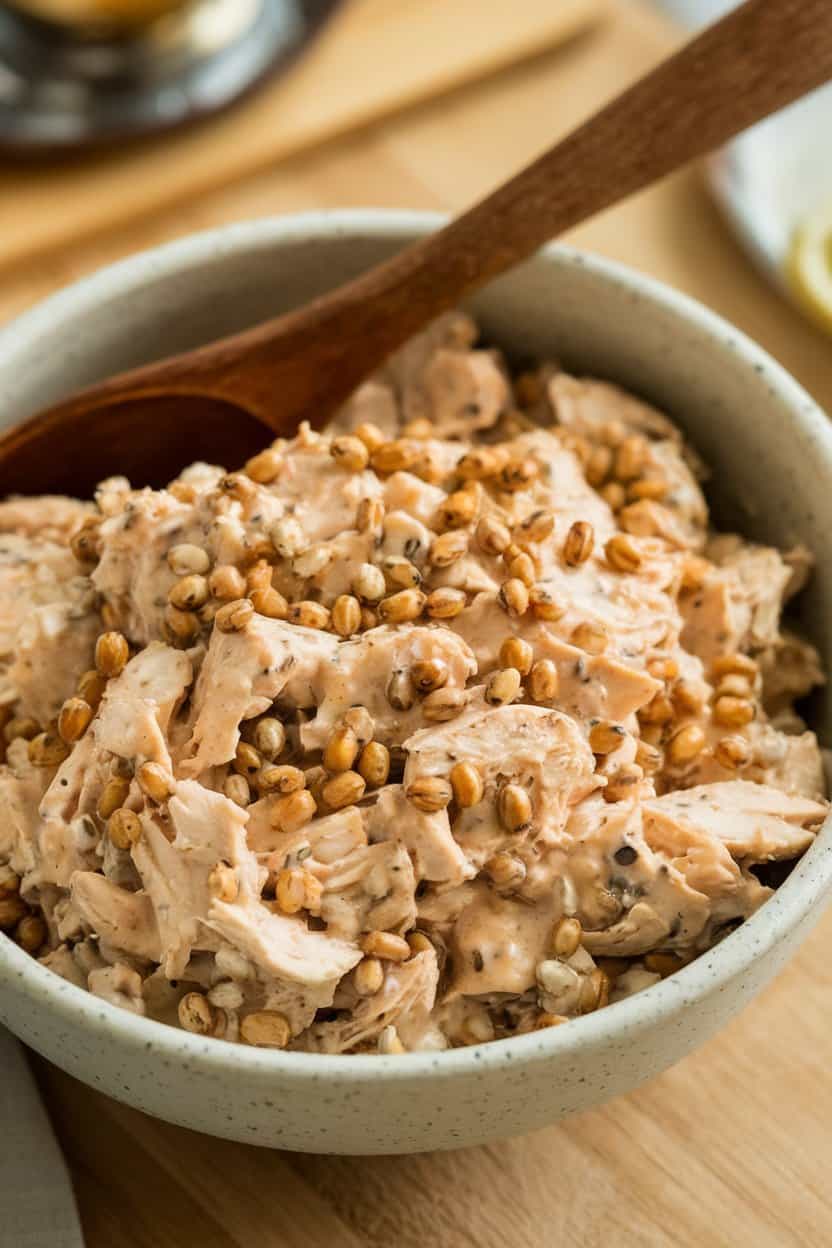 Indoor photo of chicken salad with visible whole-grain mustard seeds and a glaze of maple dressing, wooden spoon resting in a stoneware bowl—no text or logos