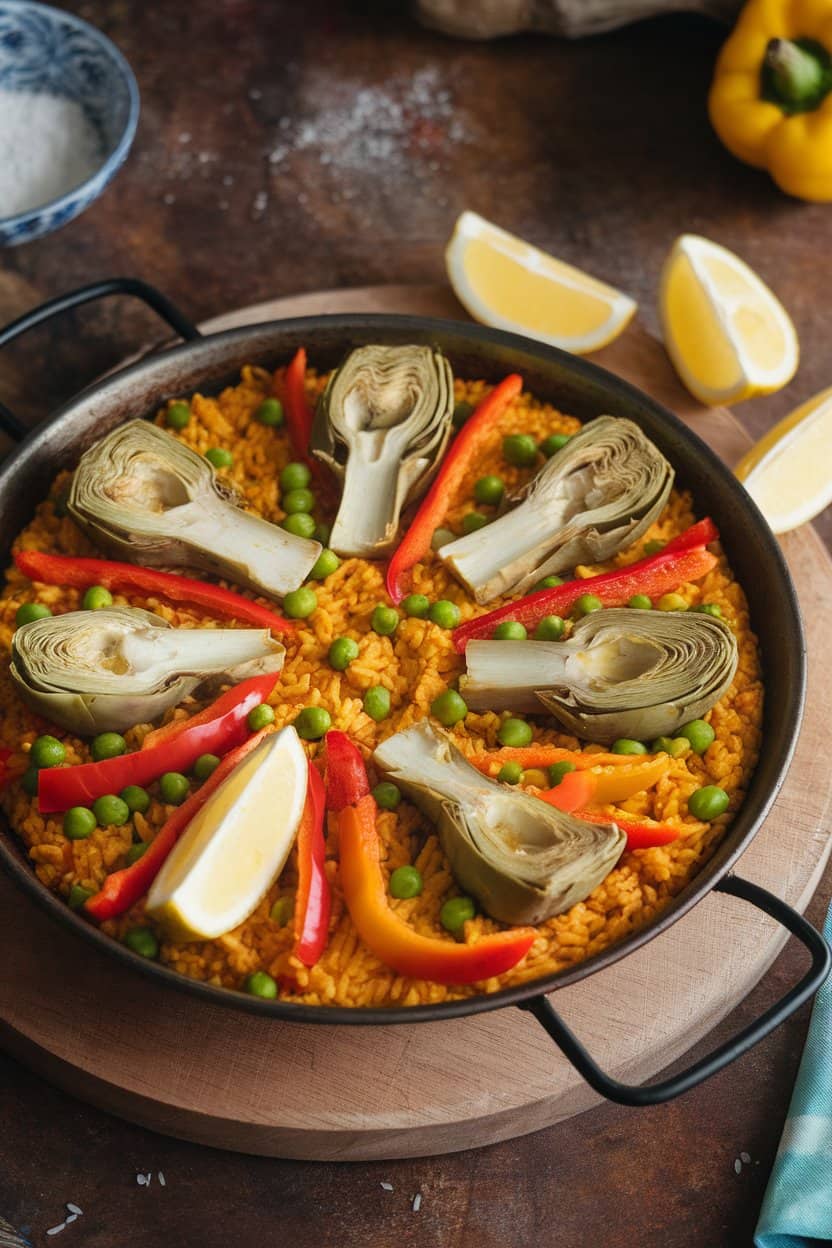 Indoor photo of a small paella pan filled with saffron rice, artichoke hearts, bell peppers, and peas, lemon wedges on the side, no text or logos
