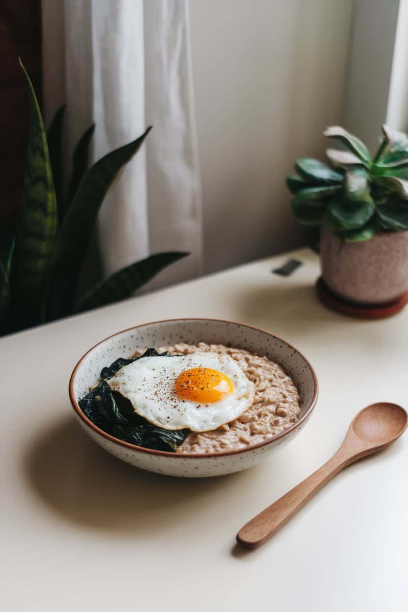 Indoor breakfast table scene of a bowl of steel-cut oats topped with a runny fried egg, sautéed spinach, and cracked pepper. Photo, no text or logos.