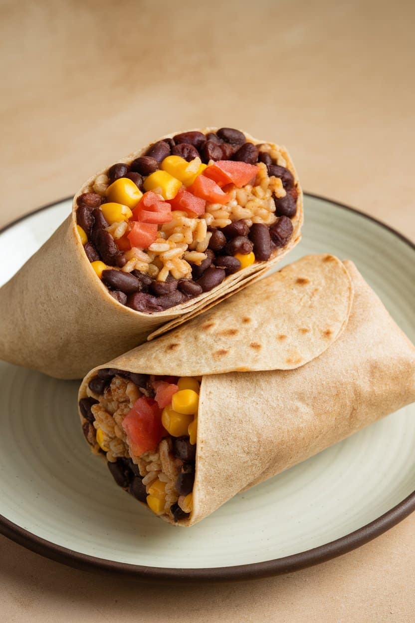 Photo taken indoors of a halved burrito on a plate, showing black beans, corn, diced tomatoes, and brown rice wrapped in a whole-wheat tortilla. No text or logos visible.