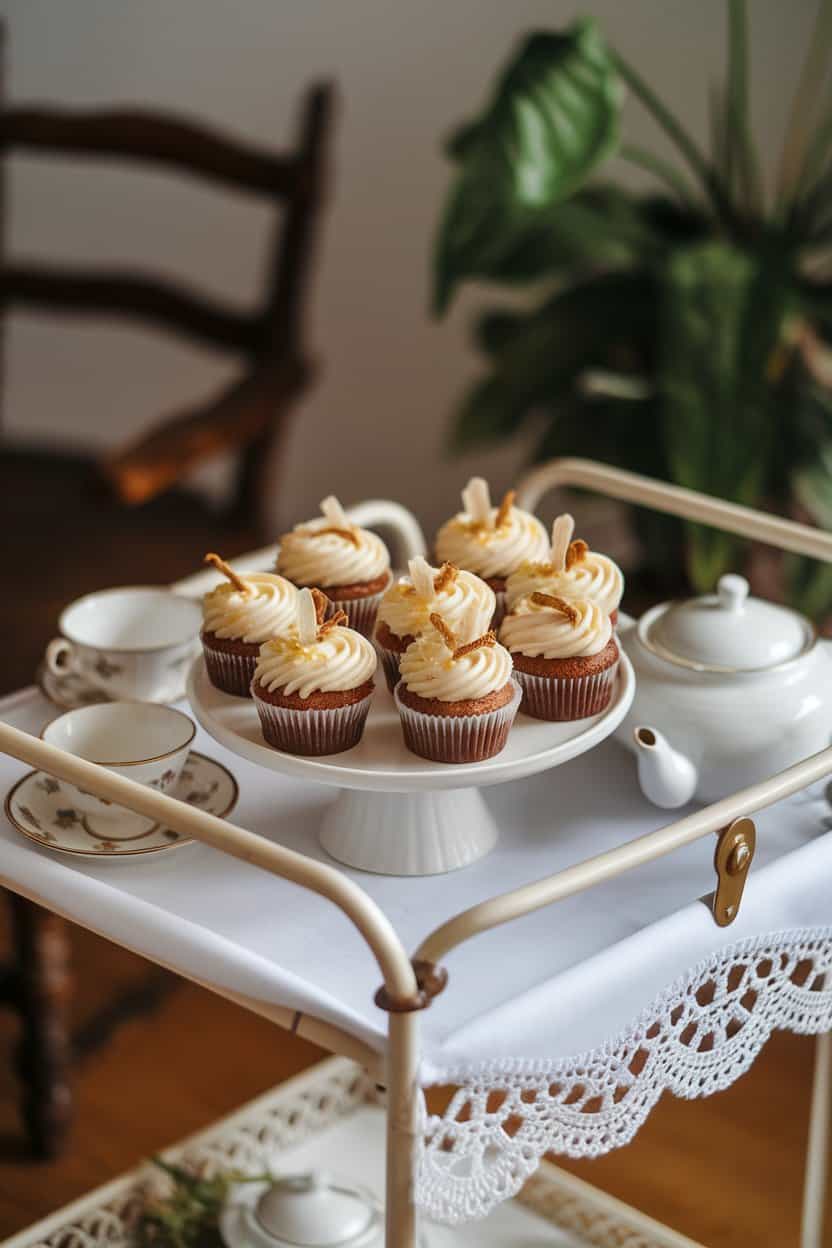 An indoor tea cart scene featuring cupcakes with pale cream frosting drizzled with honey and a dried chamomile bud. No text or logos.