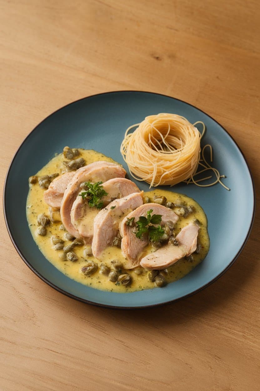 An indoor plate with thin chicken cutlets in lemon-capers sauce, garnished with parsley, next to a small mound of angel-hair pasta. No text or logos; photo only.