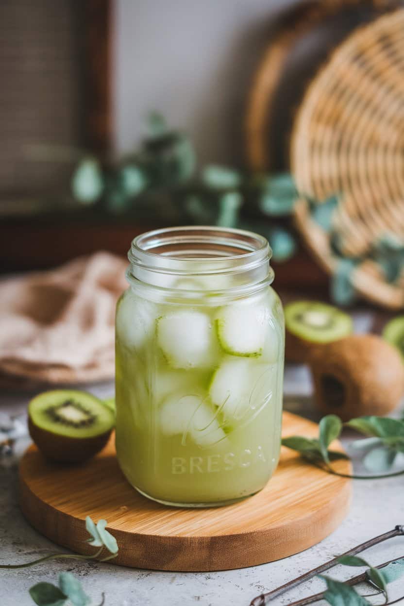 Indoor photo of a jar filled with light green kiwi-cucumber agua fresca, fine pulp visible, ice floating; no text or logos.