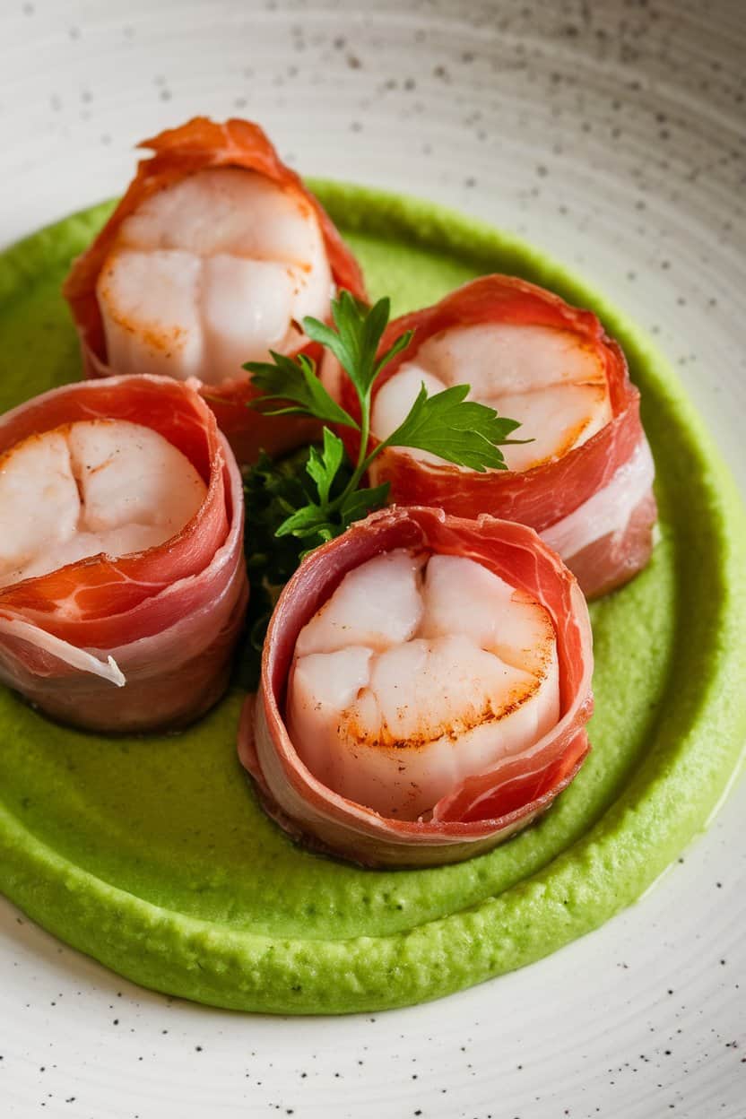 Indoor photo of three cooked sea scallops wrapped in crisp prosciutto, sitting on a smooth green pea purée, no text or logos