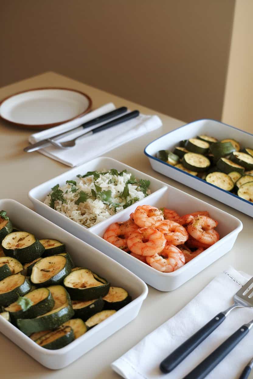 An indoor dining table with divided containers of chili-lime grilled shrimp, cilantro rice, and roasted zucchini. No text or logos, photo only.